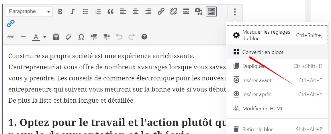 Cliquer sur convertir en Blocs