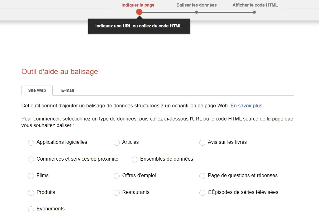 Création d’un balisage de Schema avec l’outil Google Étape 1