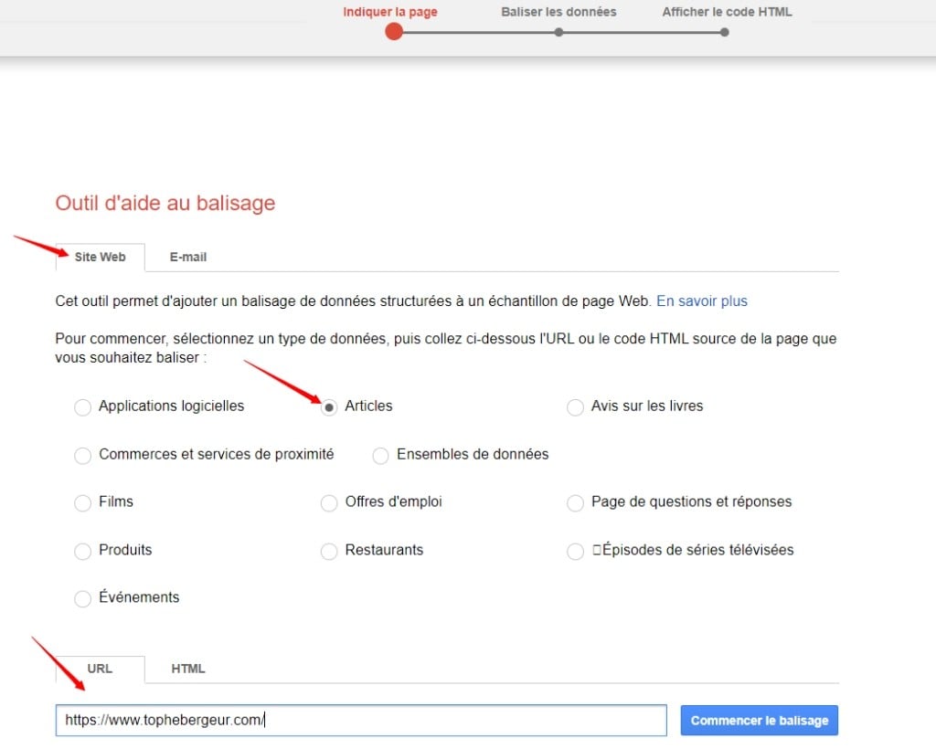 Création d’un balisage de Schema avec l’outil Google Étape 2