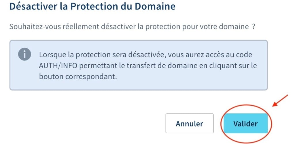 Valider le déblocage du nom de domaine