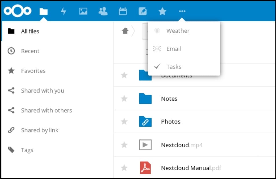 Menu des applications Nextcloud