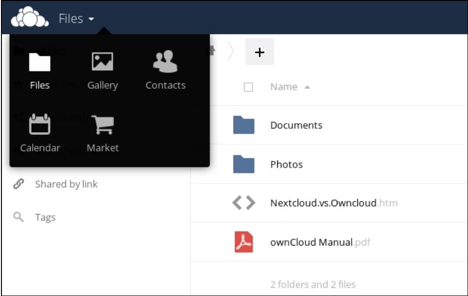 Menu des applications ownCloud