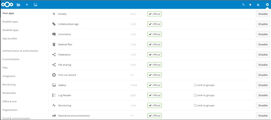 Page des applications Nextcloud