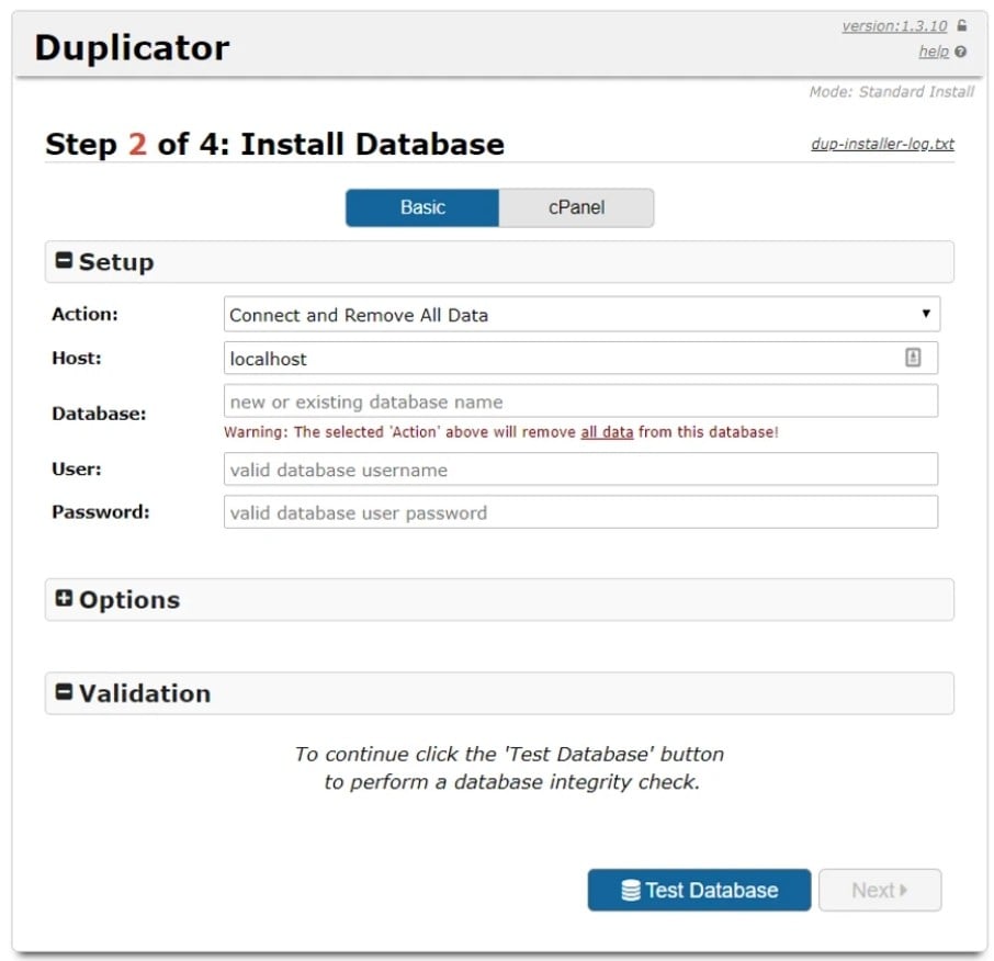 Duplicator Étape 2