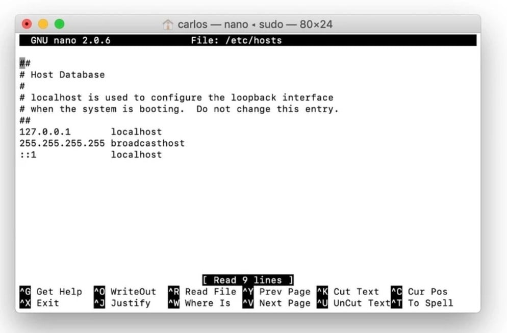 sudo nano/etc/hosts