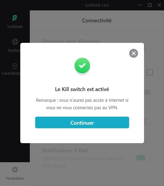 SurfShark - Kill Switch activé