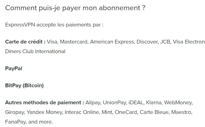 Mode de paiement d'ExpressVPN