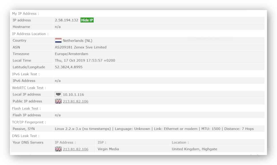 Capture d'écran des résultats du test de fuite Betternet