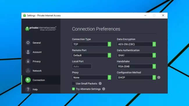 Paramètres de Private Internet Access