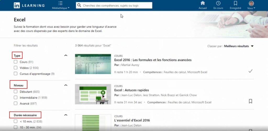 resultats recherche mediatheque linkedin learning