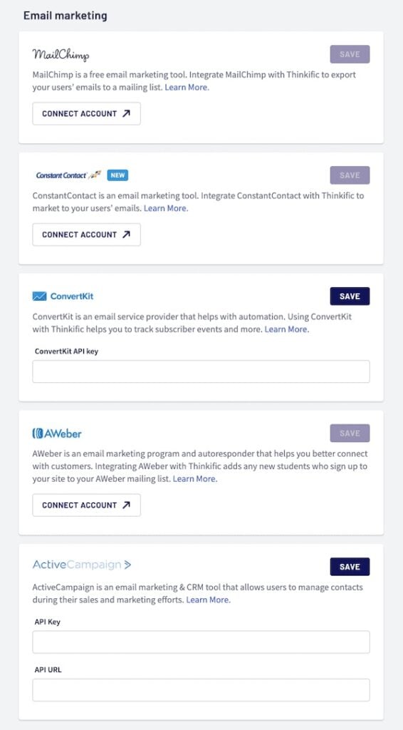 Intégrations de marketing par e-mail Thinkific