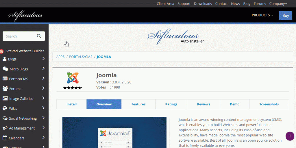 Installaion de joomla avec Softaculous