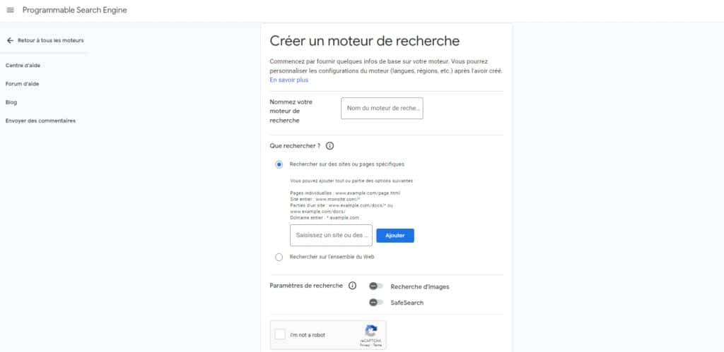 Créer un nouveau moteur de recherche Google personnalisé