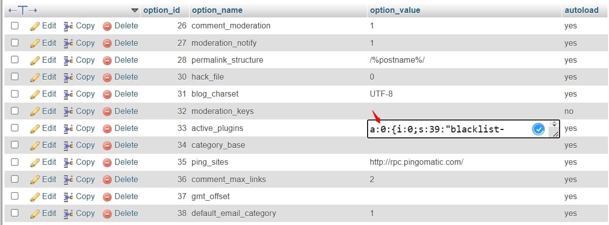 Modifier la valeur de active_plugins