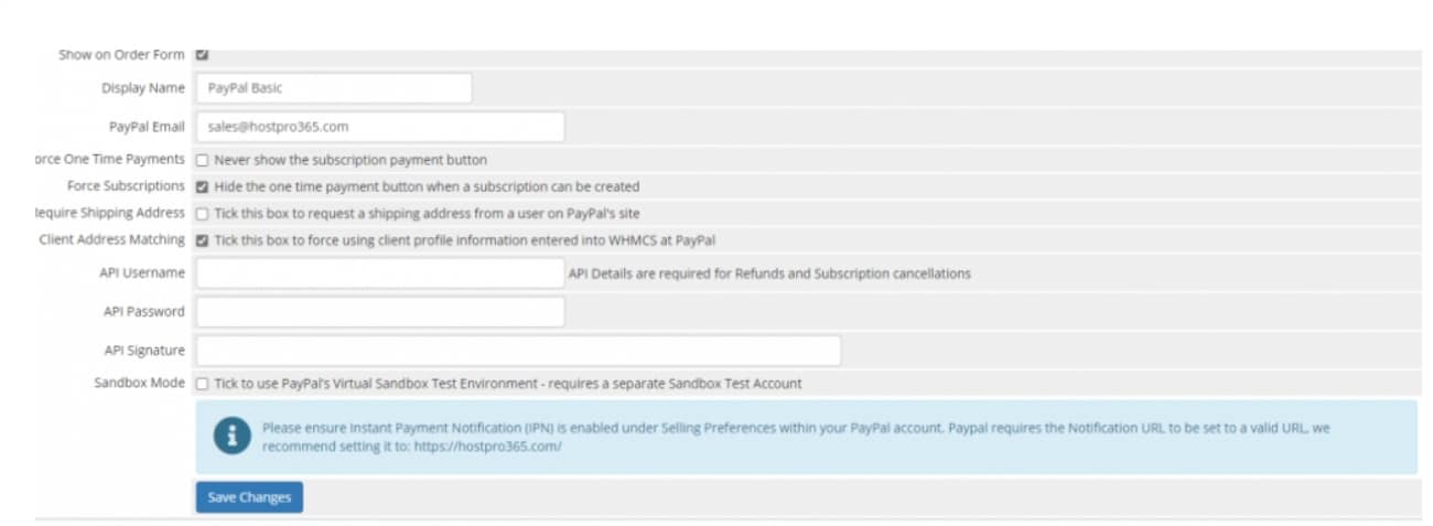 Options supplementaires paypal dans whmcs