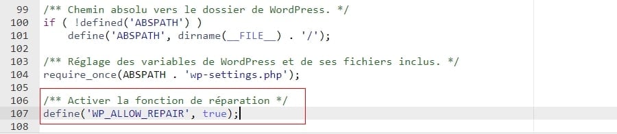 Activer la fonction de réparation
