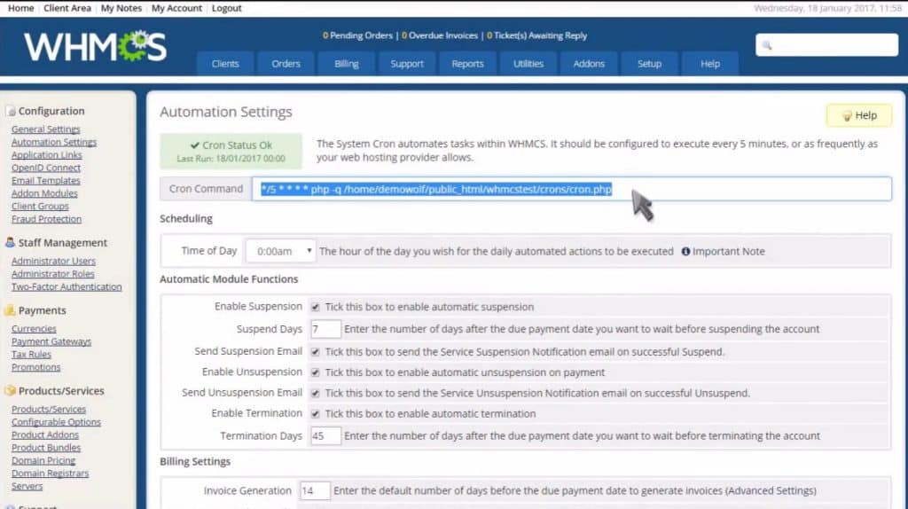 Configuration des tâches automatisées dans WHMCS