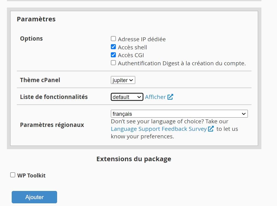 Activation des fonctionnalités supplémentaires du package WHM