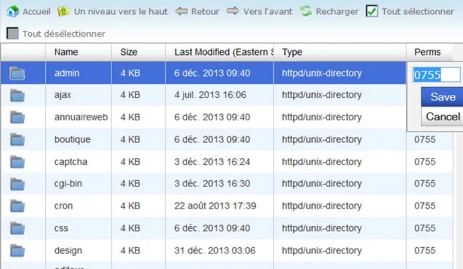 Cliquez sur le code de permission pour le changer.