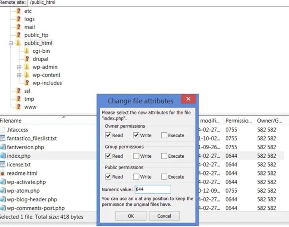 Changer les permissions via FTP (avec FileZilla)