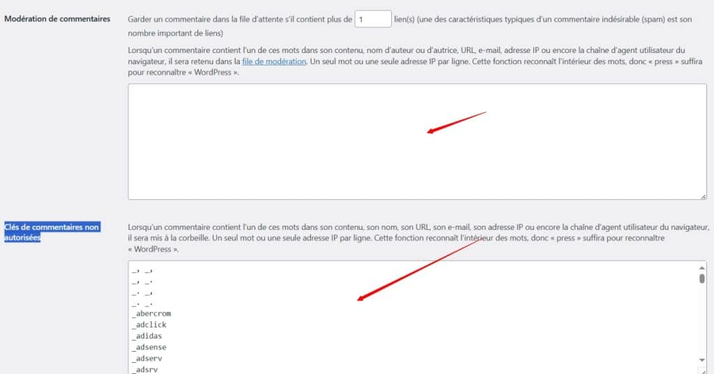 Définir les clés de commentaires non autorisées 