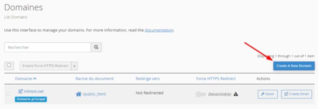 Cliquez sur Créer un nouveau domaine
