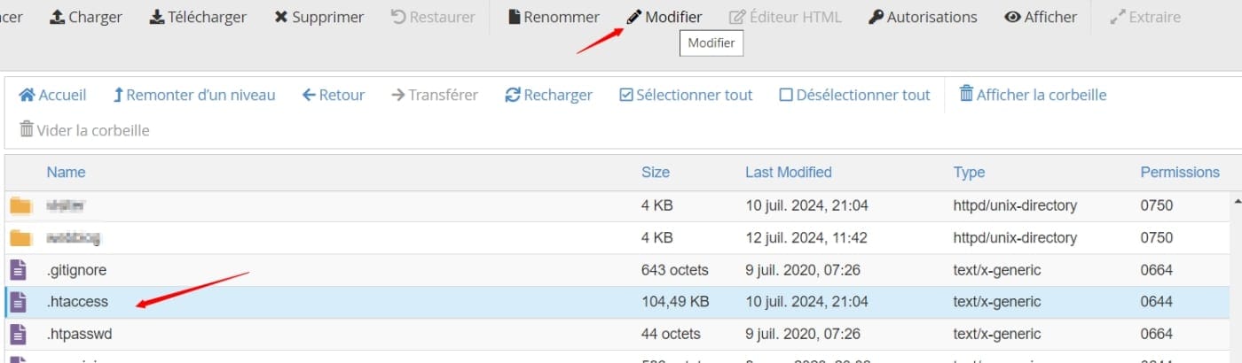 cliquez sur modifier htaccess