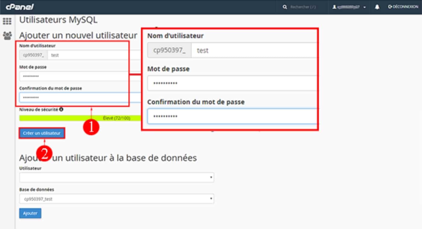 creation utilisateur bdd mysql cpanel