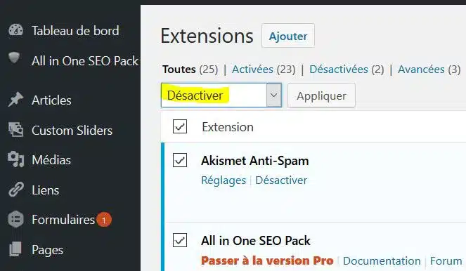 Désactivation temporaire des plugins