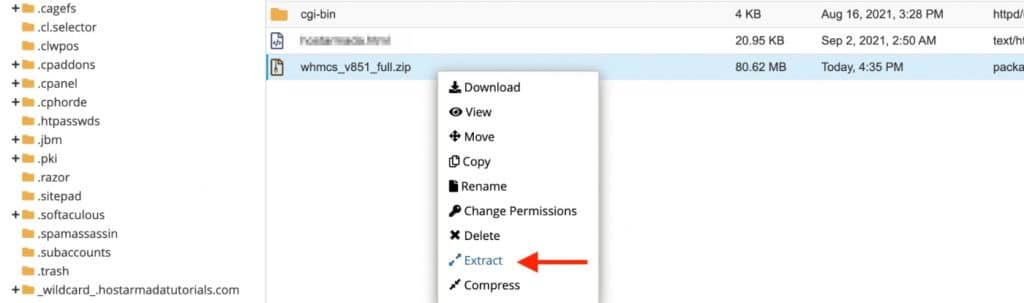 Extraire le fichier zip de WHMCS dans le gestionnaire de fichiers de cPanel