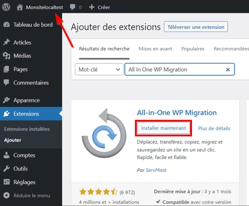 installer all in one wp migration wordpress local