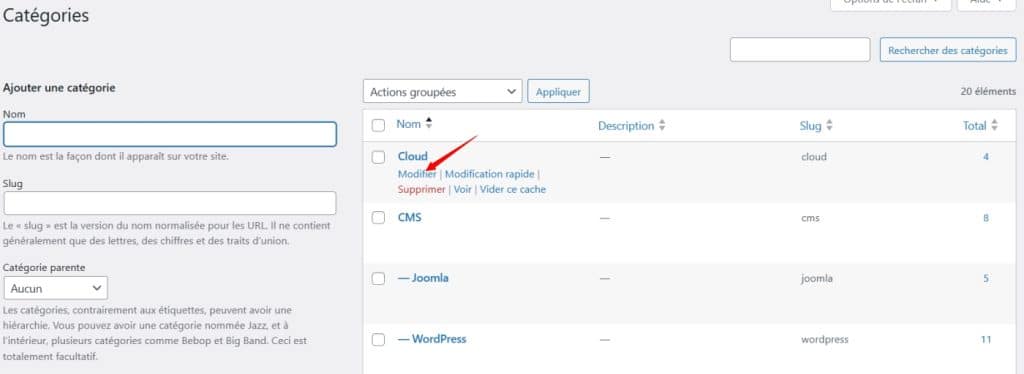 Modification des catégories existantes