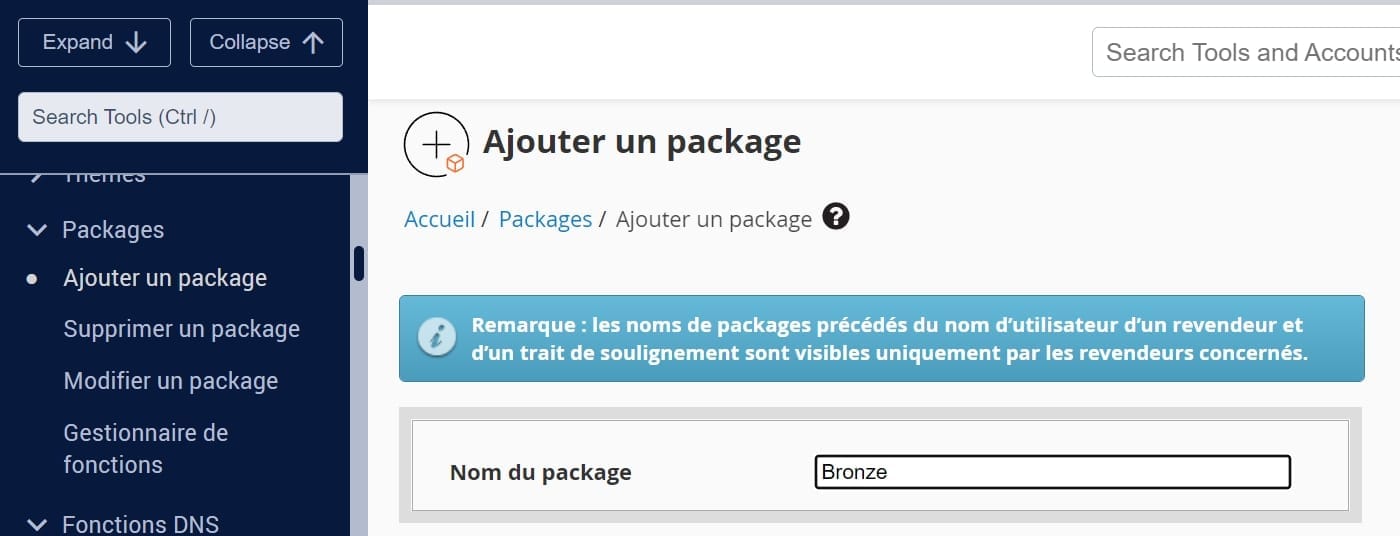 Nommez votre Package WHM