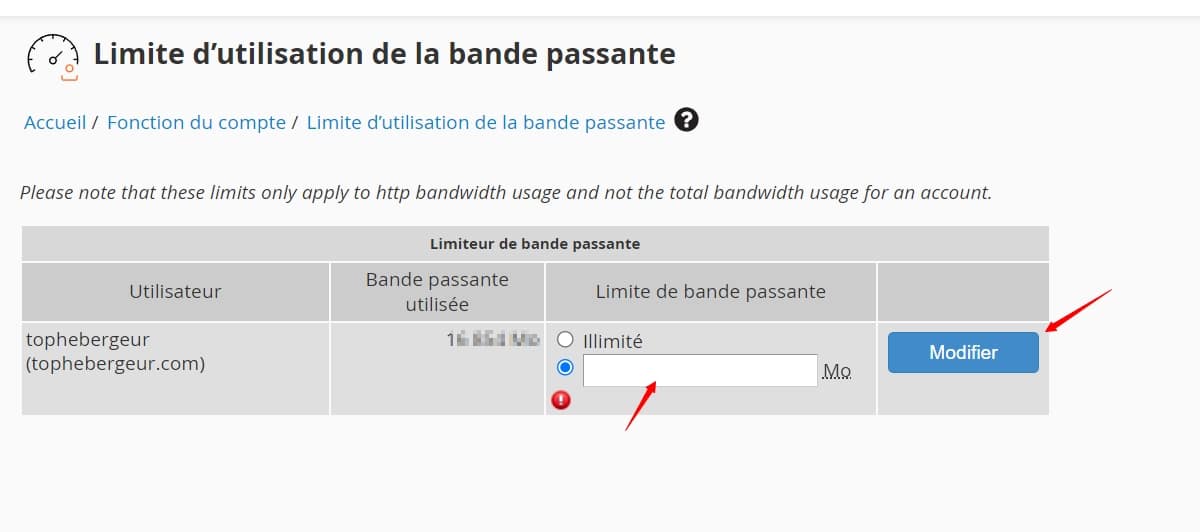 Définir une limite de bande passante WHM