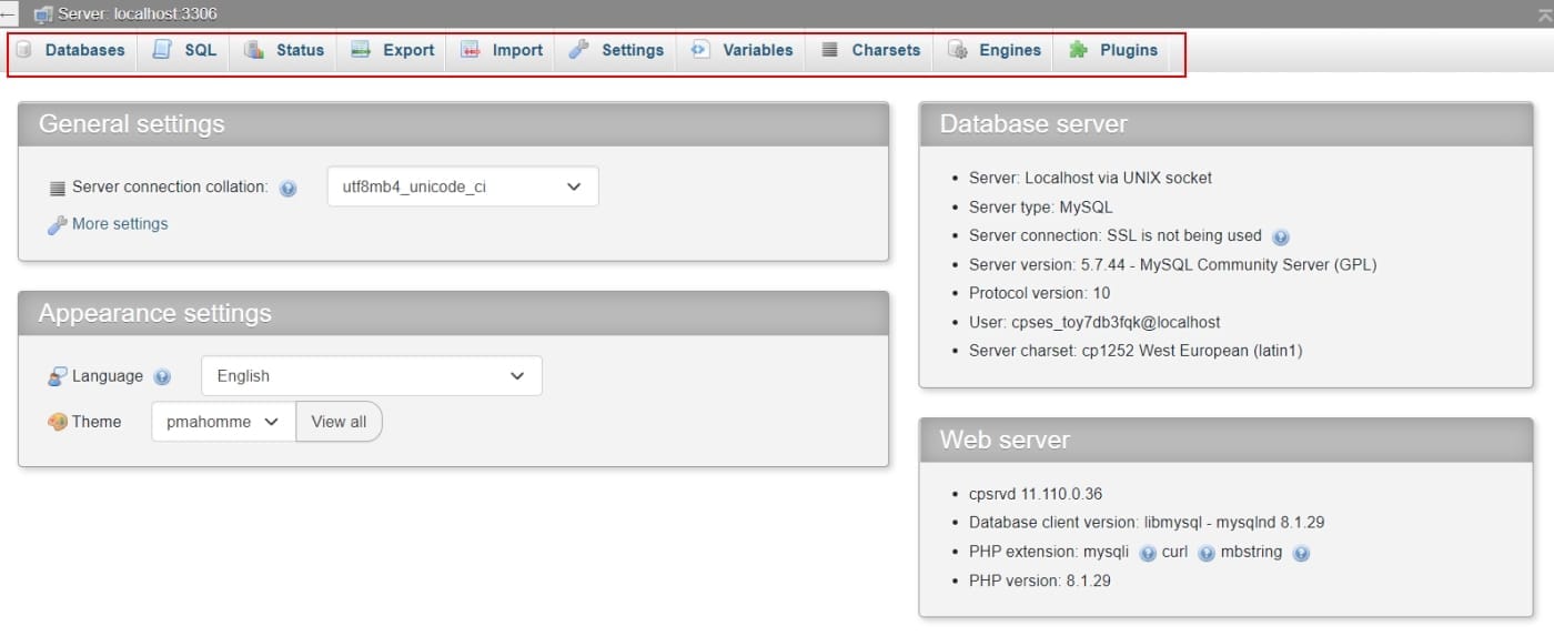 phpmyadmin onglets