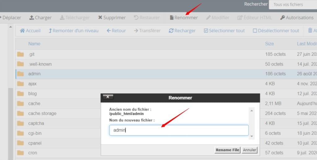 Renommer un fichier ou un dossier dans cPanel