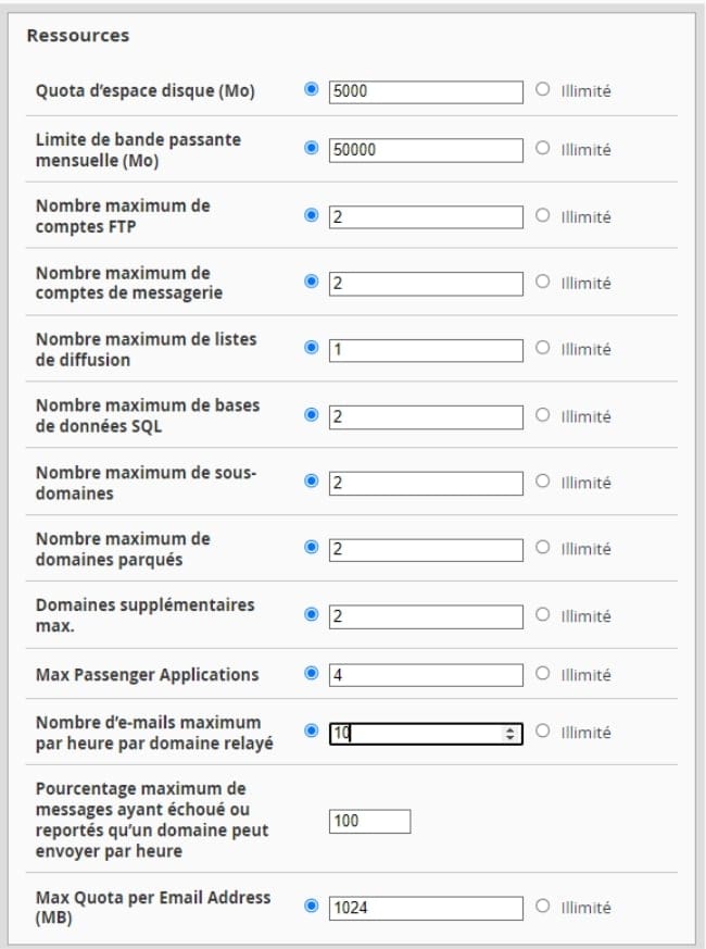 Définition des limites de ressources du package WHM