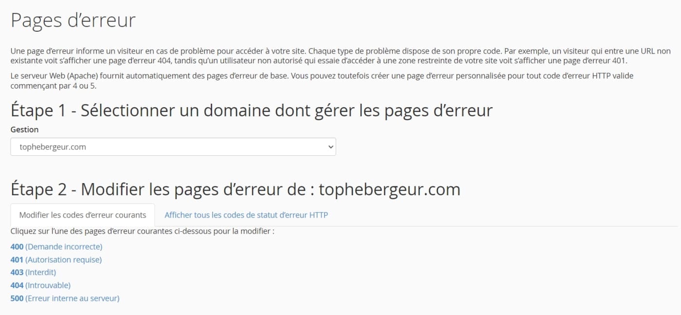 slectionner domaine pour gerer pages erreur