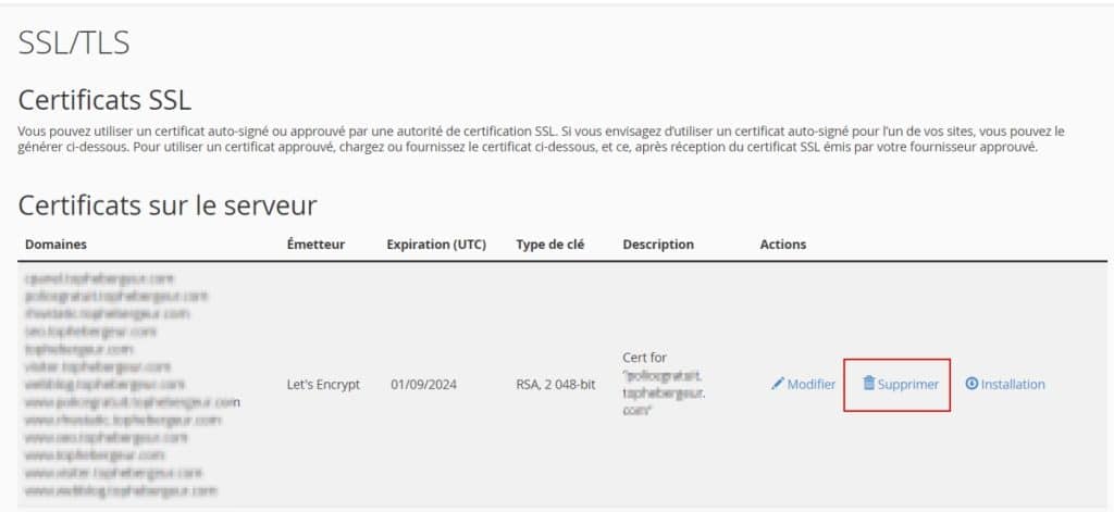 Supprimer un certificat SSL