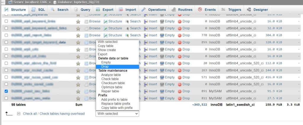 Supprimer une table dans phpMyAdmin