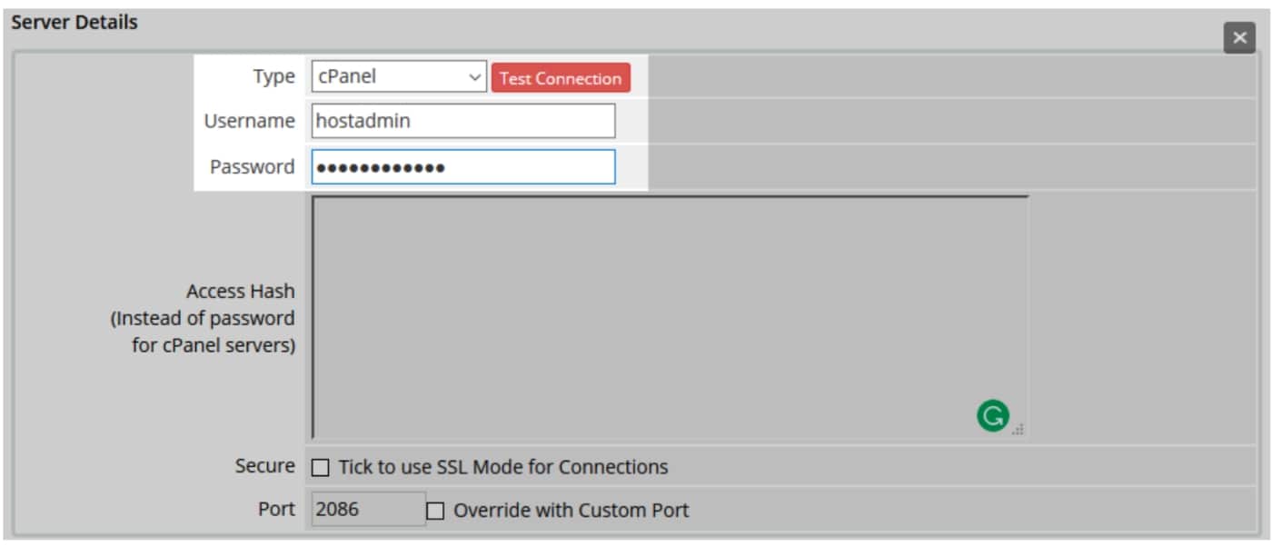 test connexion serveur whmcs