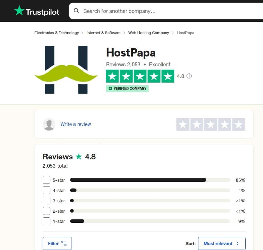 Avis des clients de Hostpapa sur TrustPilot