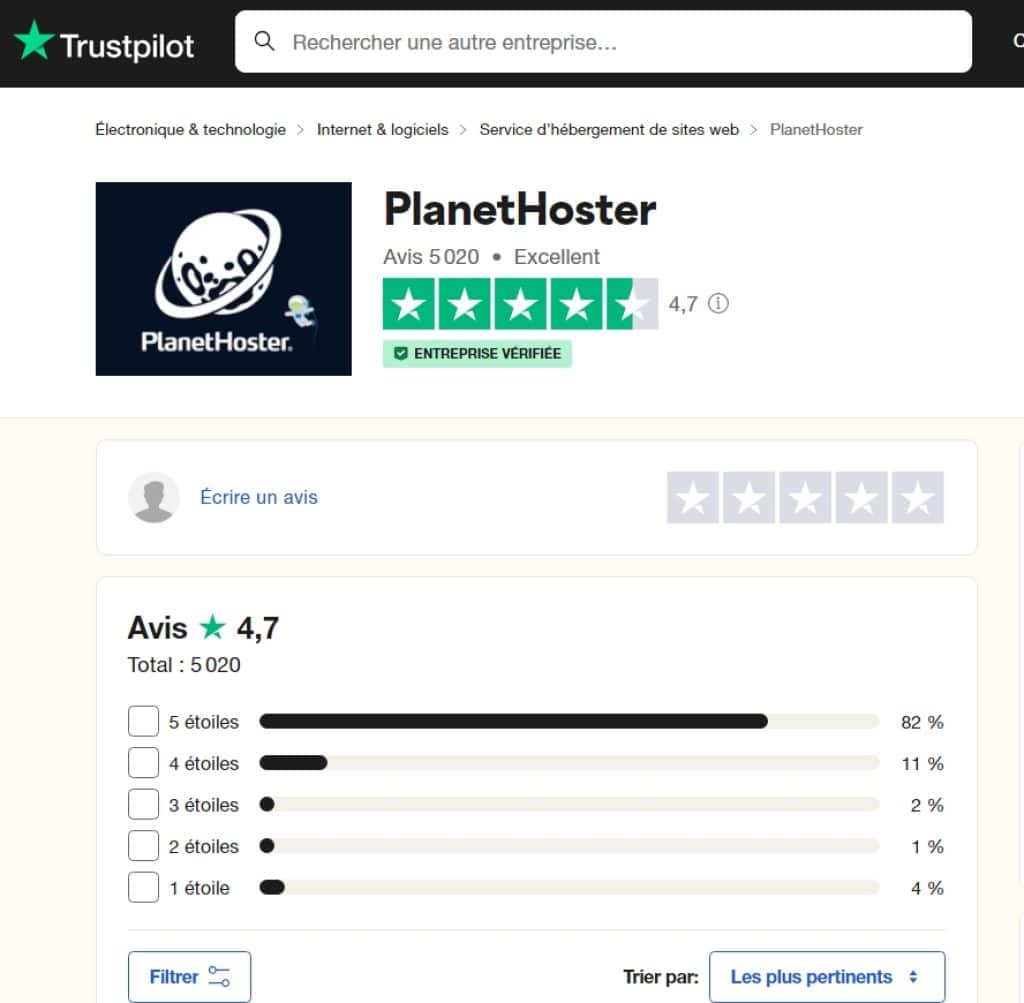 Avis des clients de Planethoster sur TrustPilot 