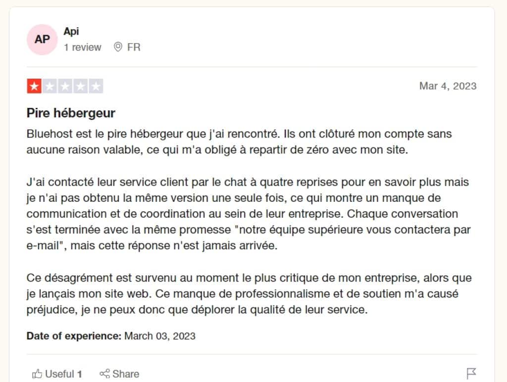 Avis négatif d'un client de Bluehost sur Trustpilot