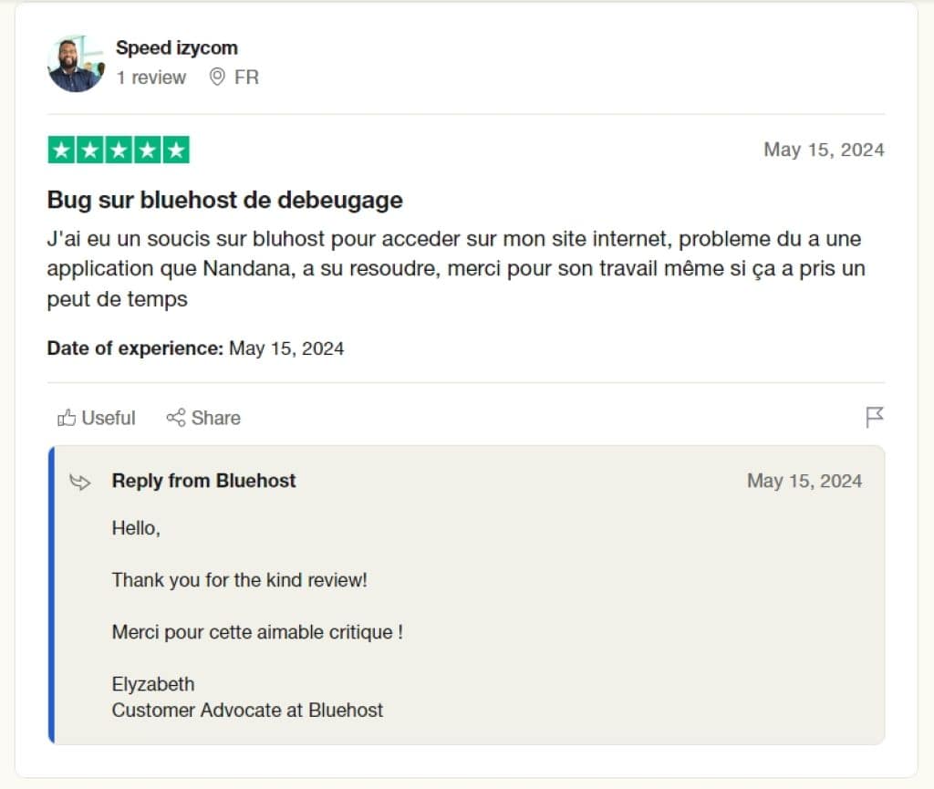 Avis favorable d'un client de Bluehost sur Trustpilot