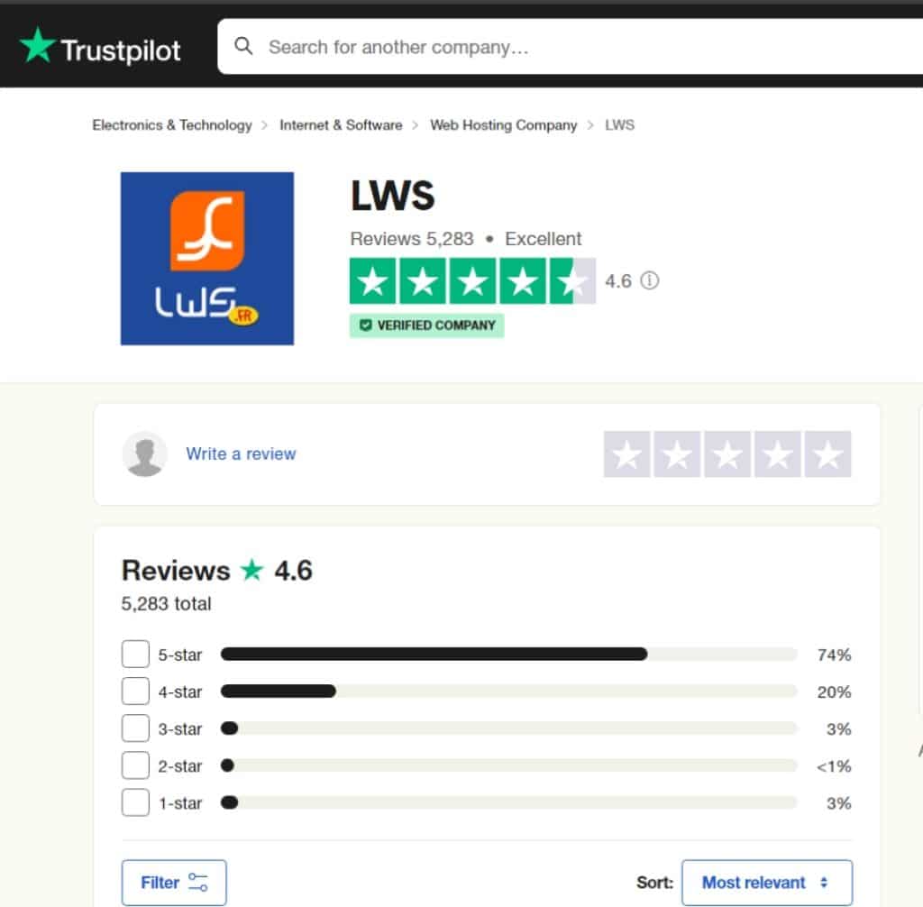 Avis des clients LWS sur Trustpilot