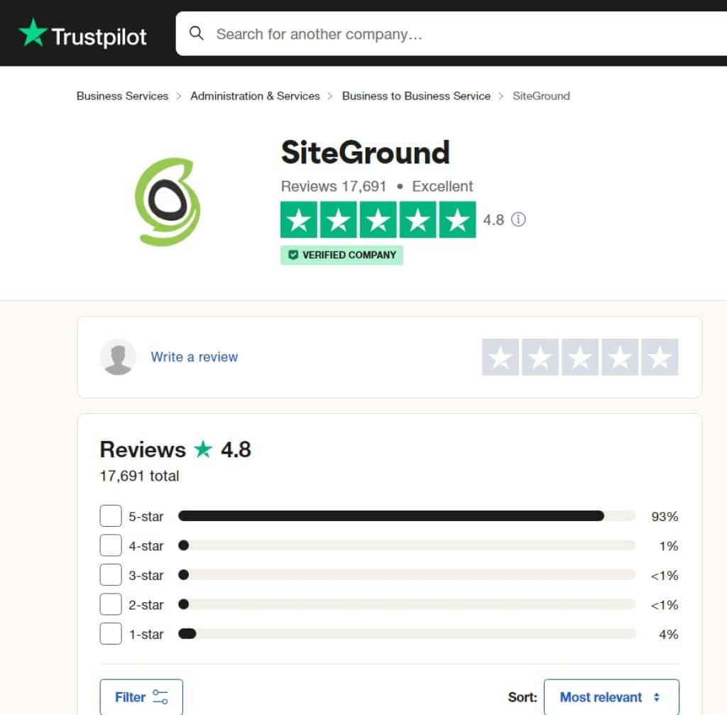 Avis des clients SiteGround sur TrustPilot