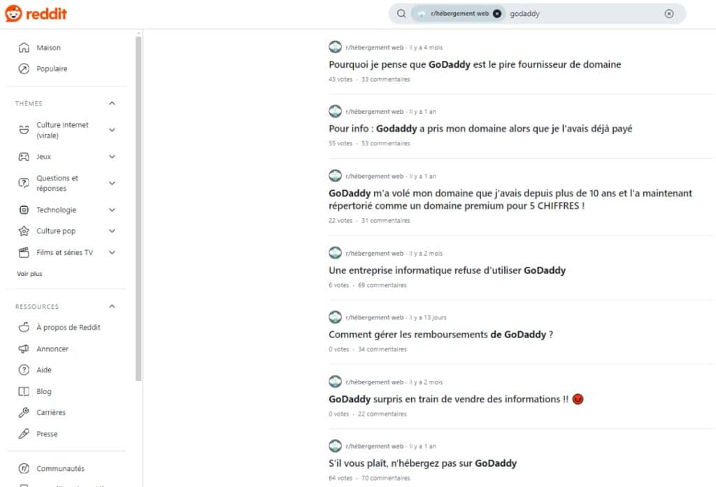 Avis des utilisateurs de Godaddy sur Reddit