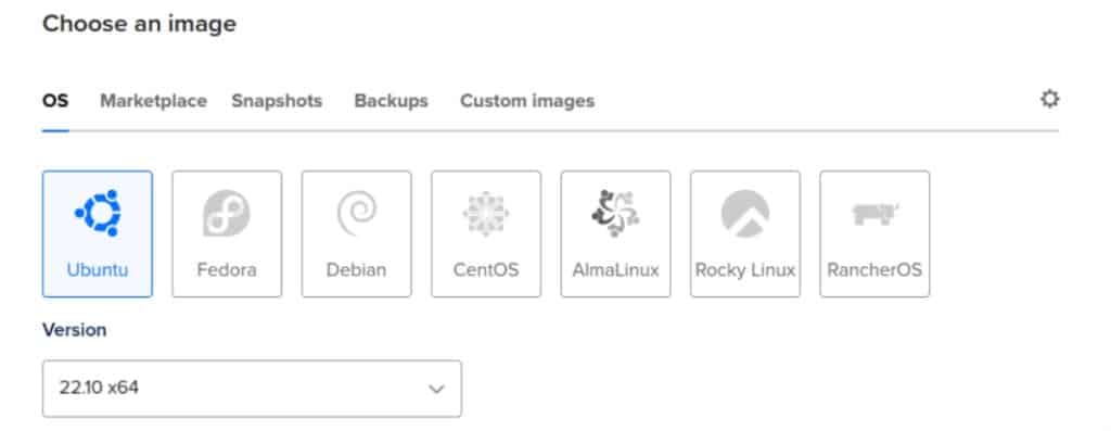 Sélectionnez un système d'exploitation pour votre Droplet