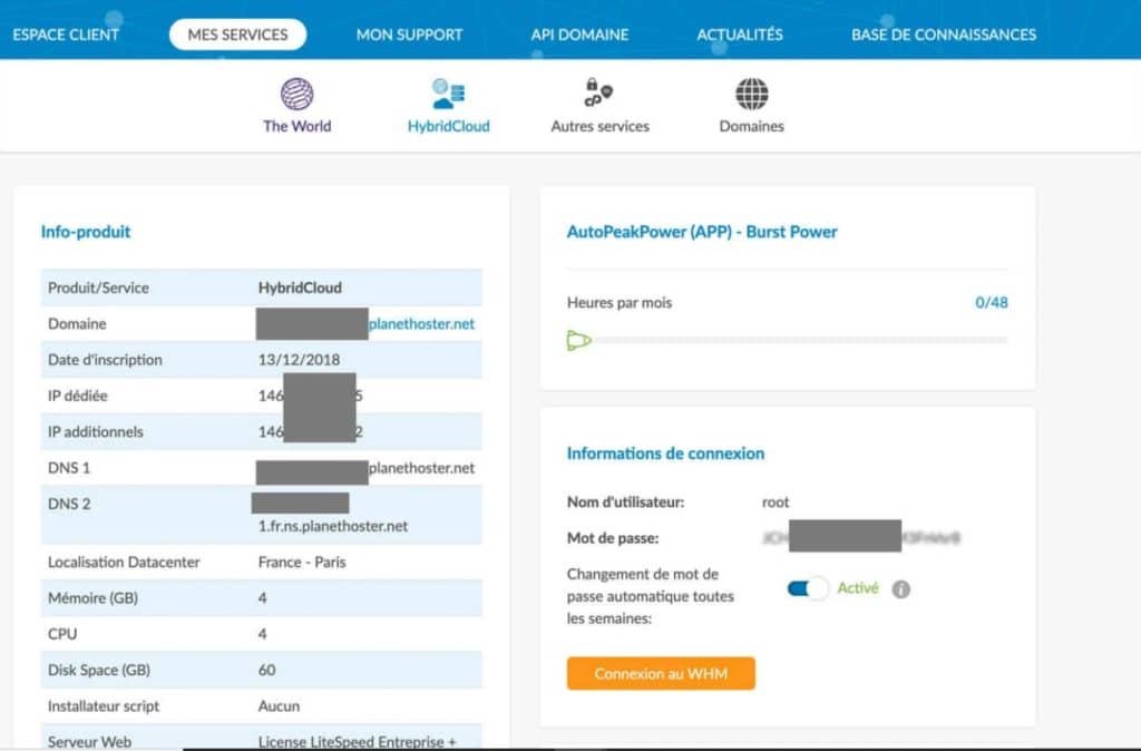 Le panneau de contrôle HybridCloud